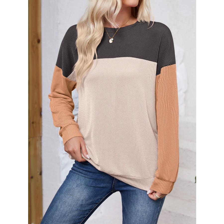 Color Block Round Neck Long Sleeve Sweatshirt Black / S Apparel and Accessories
