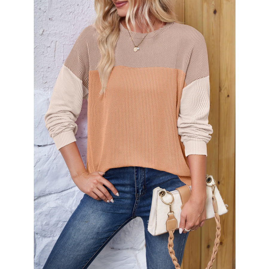 Color Block Round Neck Long Sleeve Sweatshirt Camel / S Apparel and Accessories