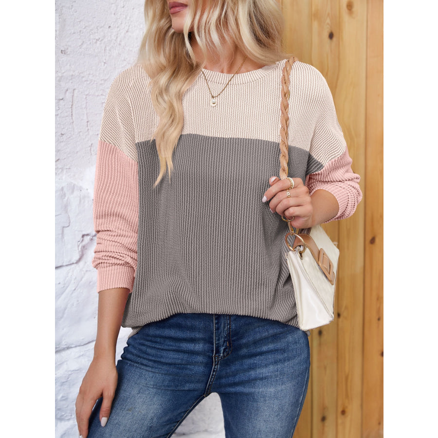 Color Block Round Neck Long Sleeve Sweatshirt Dark Gray / S Apparel and Accessories