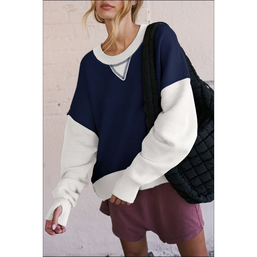 Color Block Round Neck Long Sleeve Sweatshirt Dark Navy / S Apparel and Accessories