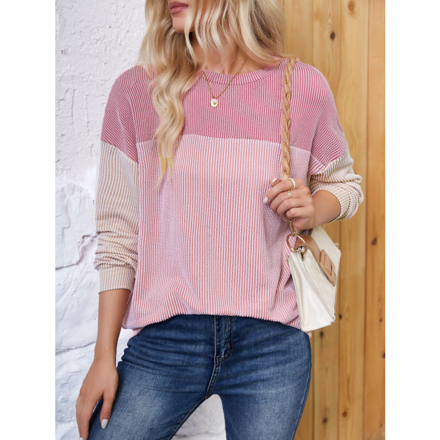 Color Block Round Neck Long Sleeve Sweatshirt Dusty Pink / S Apparel and Accessories