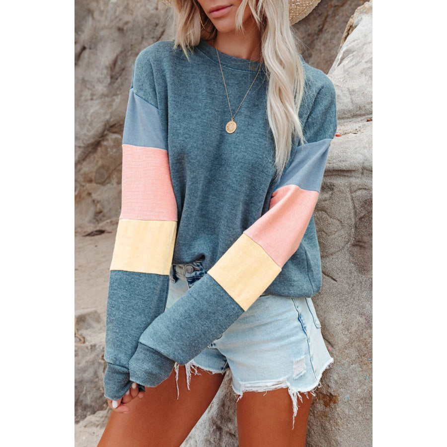 Color Block Round Neck Long Sleeve Sweatshirt French Blue / S Apparel and Accessories