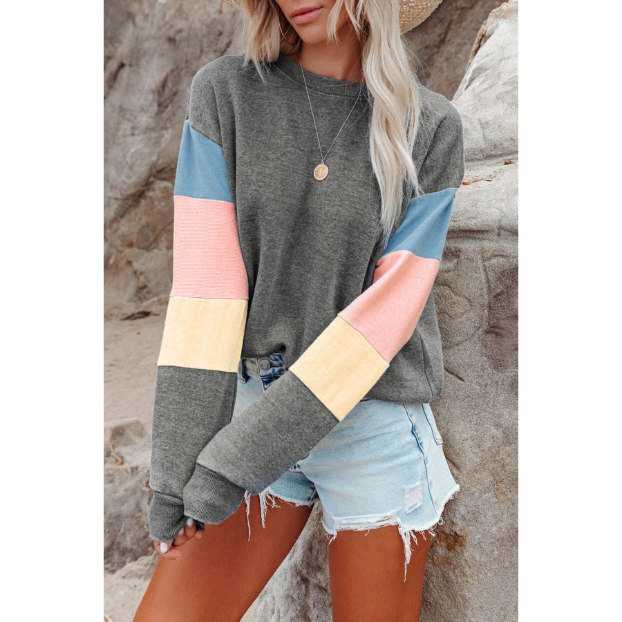 Color Block Round Neck Long Sleeve Sweatshirt Gray / S Apparel and Accessories