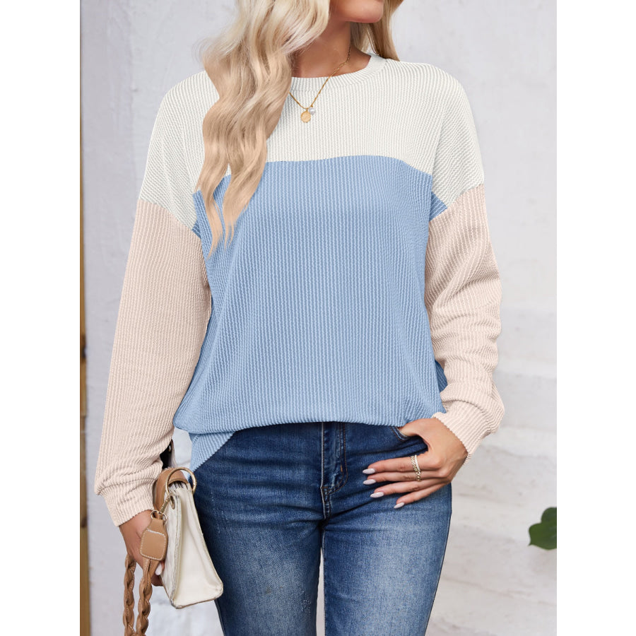 Color Block Round Neck Long Sleeve Sweatshirt Light Blue / S Apparel and Accessories