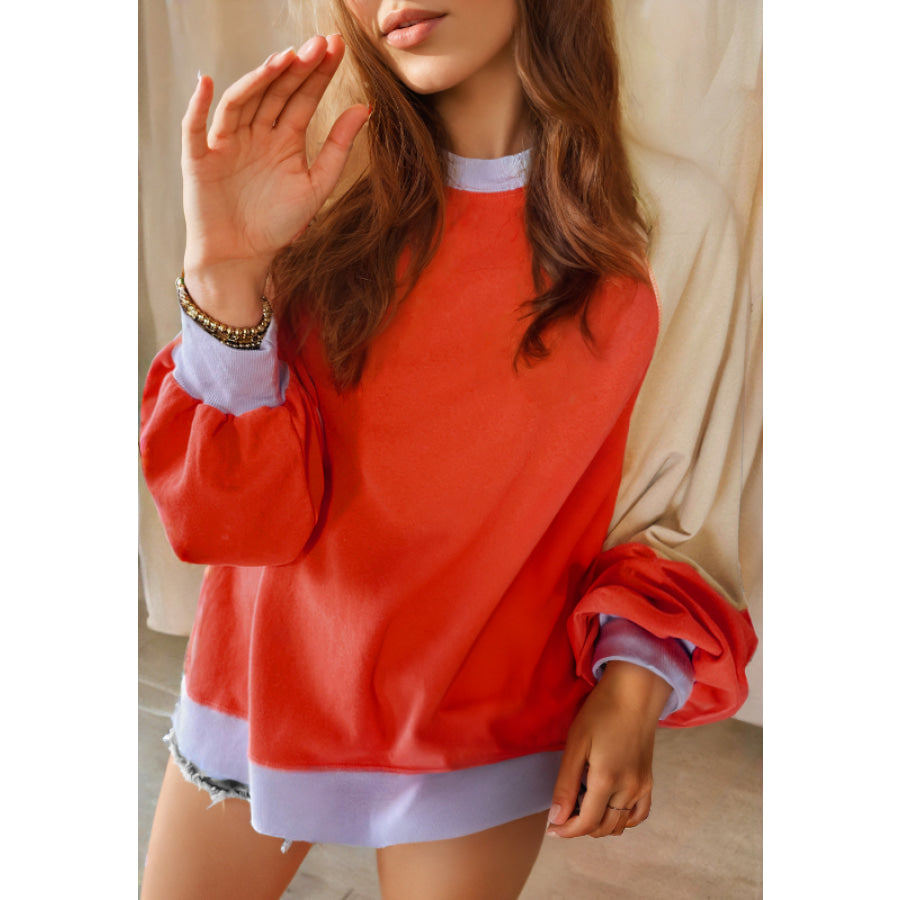 Color Block Round Neck Long Sleeve Sweatshirt Orange / S Apparel and Accessories