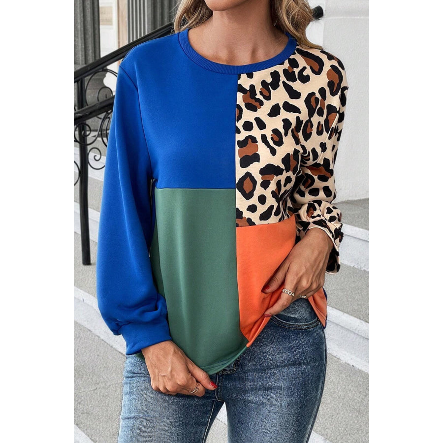 Color Block Round Neck Long Sleeve Sweatshirt Royal Blue / S Apparel and Accessories