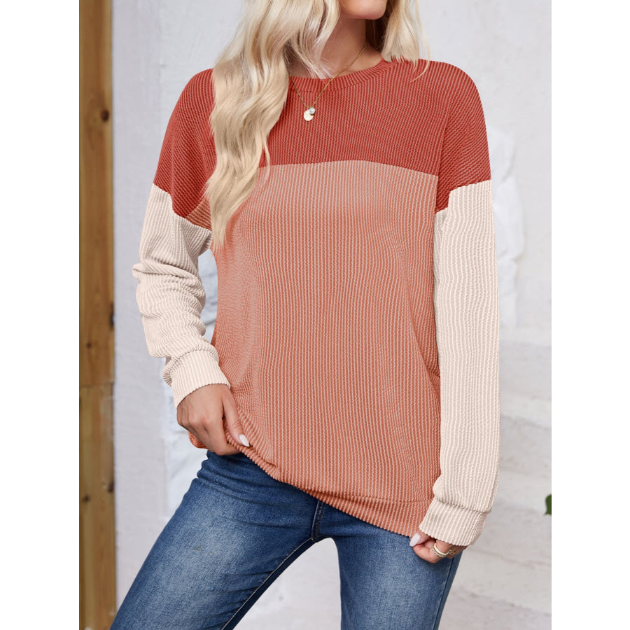 Color Block Round Neck Long Sleeve Sweatshirt Rust / S Apparel and Accessories