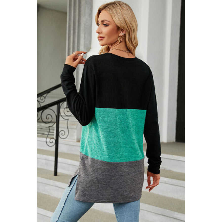 Color Block Round Neck Long Sleeve T - Shirt Apparel and Accessories