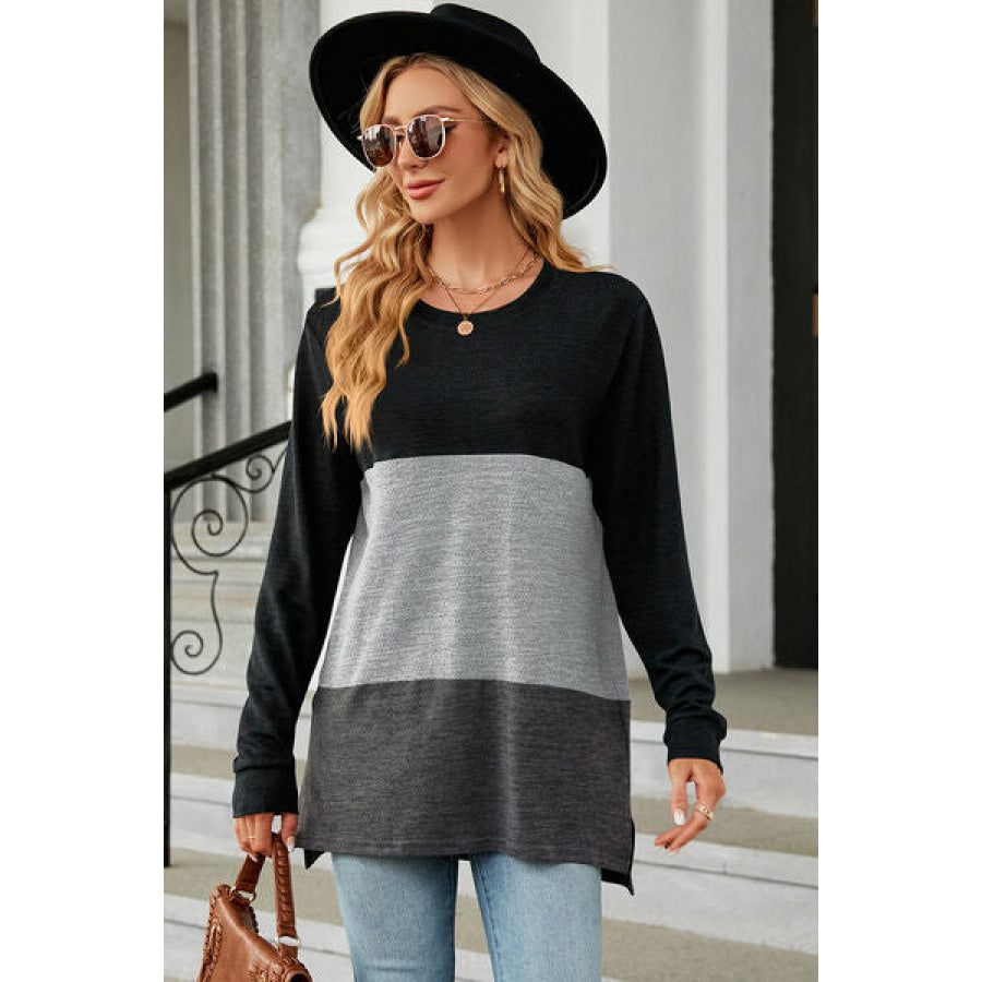 Color Block Round Neck Long Sleeve T - Shirt Apparel and Accessories