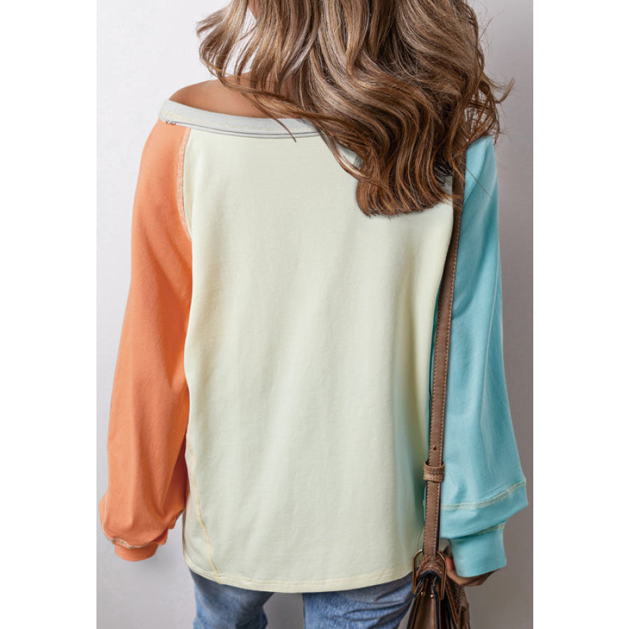 Color Block Round Neck Long Sleeve T-Shirt Ivory / S Apparel and Accessories