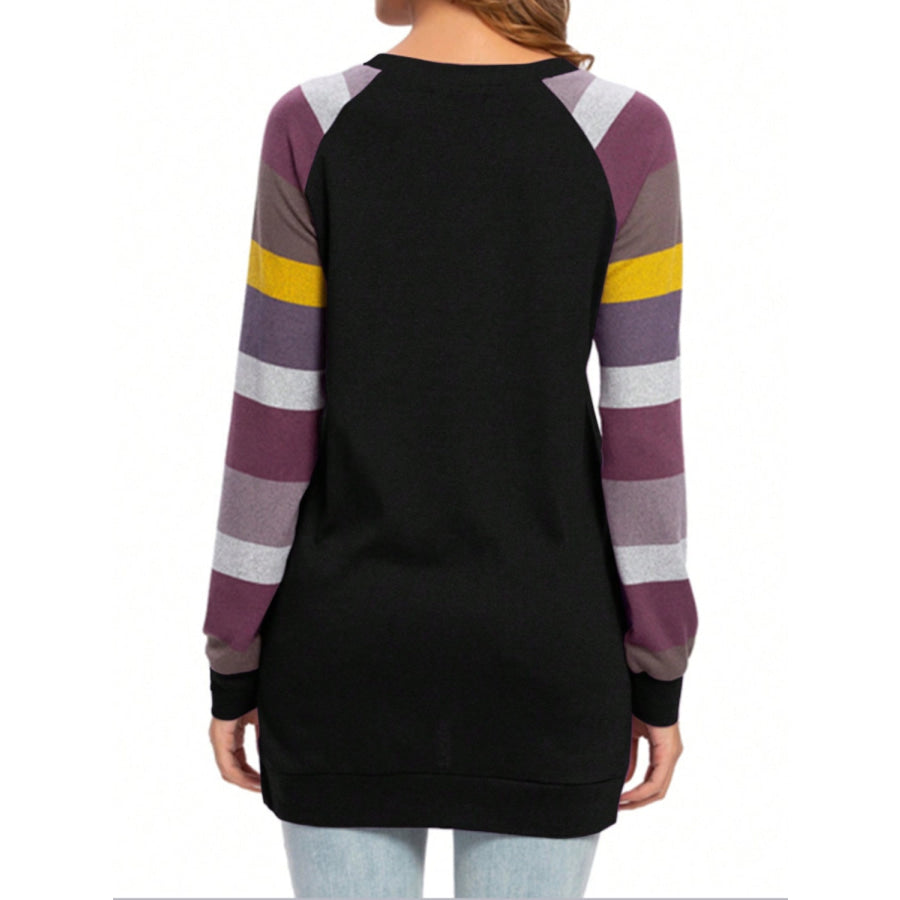 Color Block Round Neck Long Sleeve T-Shirt Black / S Apparel and Accessories