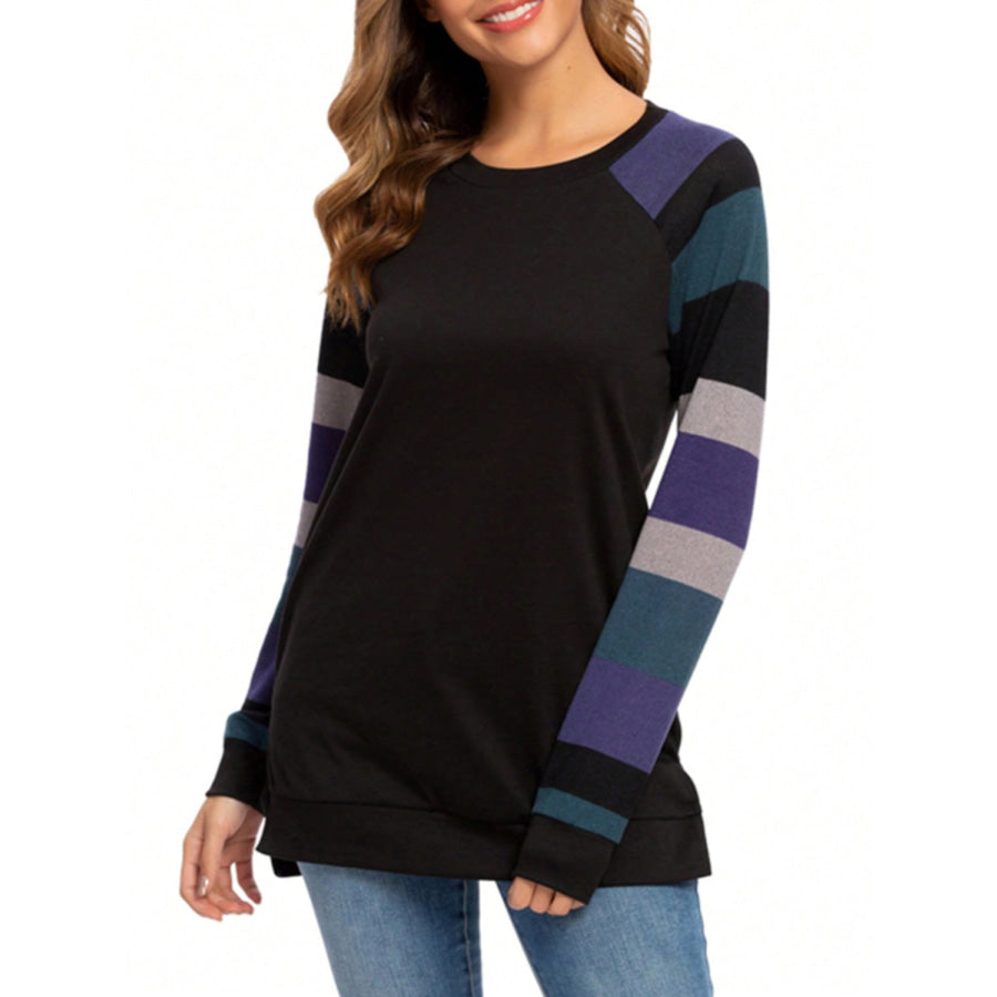 Color Block Round Neck Long Sleeve T-Shirt Apparel and Accessories