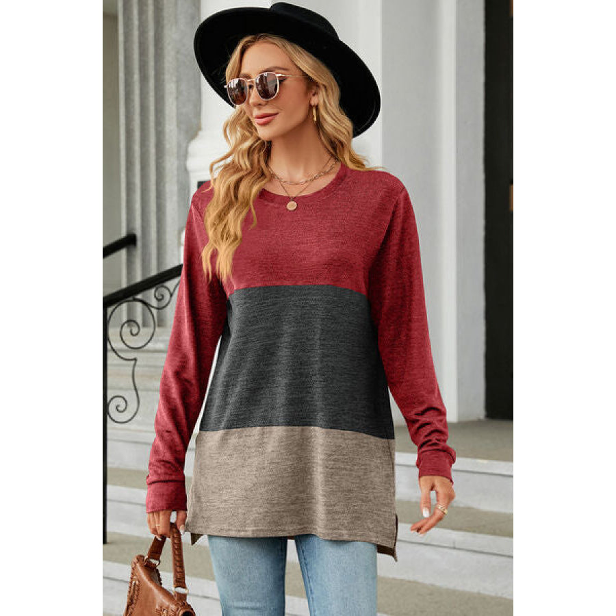 Color Block Round Neck Long Sleeve T - Shirt Apparel and Accessories