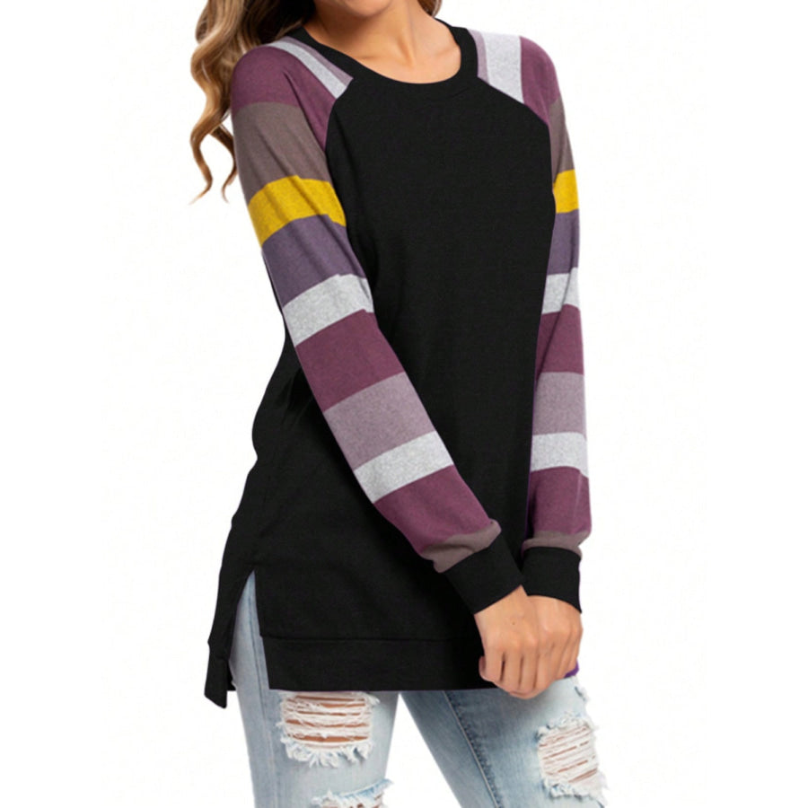 Color Block Round Neck Long Sleeve T-Shirt Apparel and Accessories