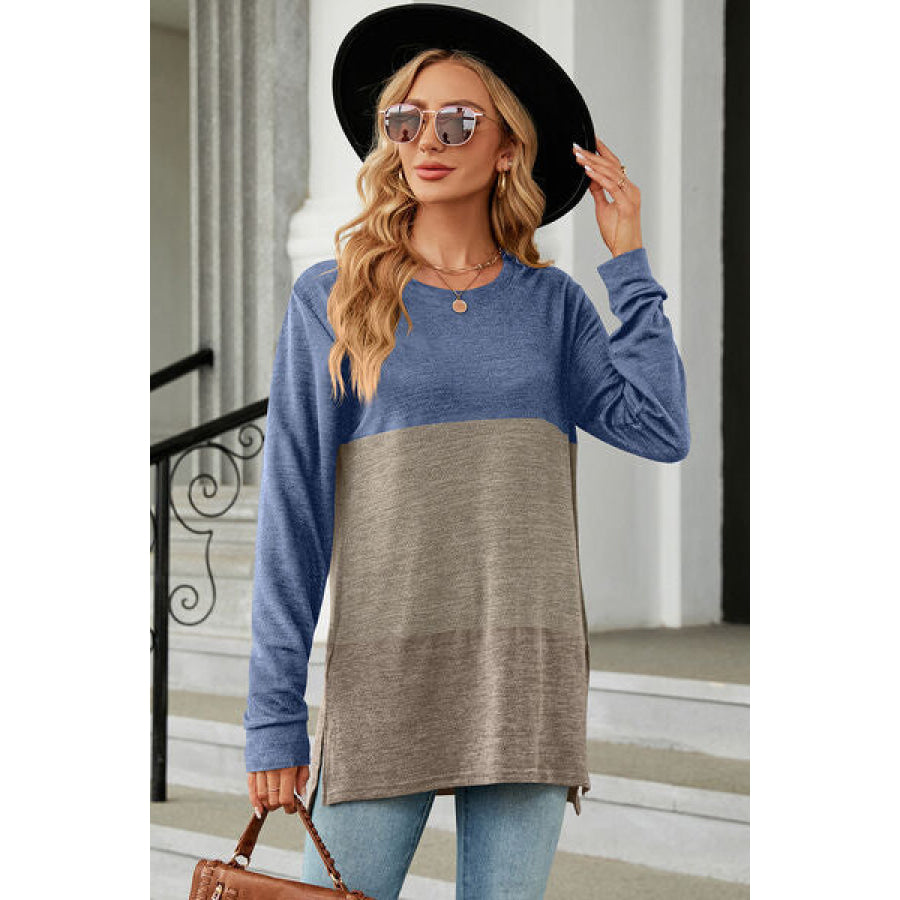 Color Block Round Neck Long Sleeve T - Shirt Apparel and Accessories