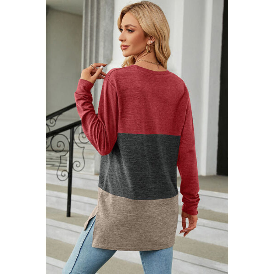 Color Block Round Neck Long Sleeve T - Shirt Charcoal / S Apparel and Accessories