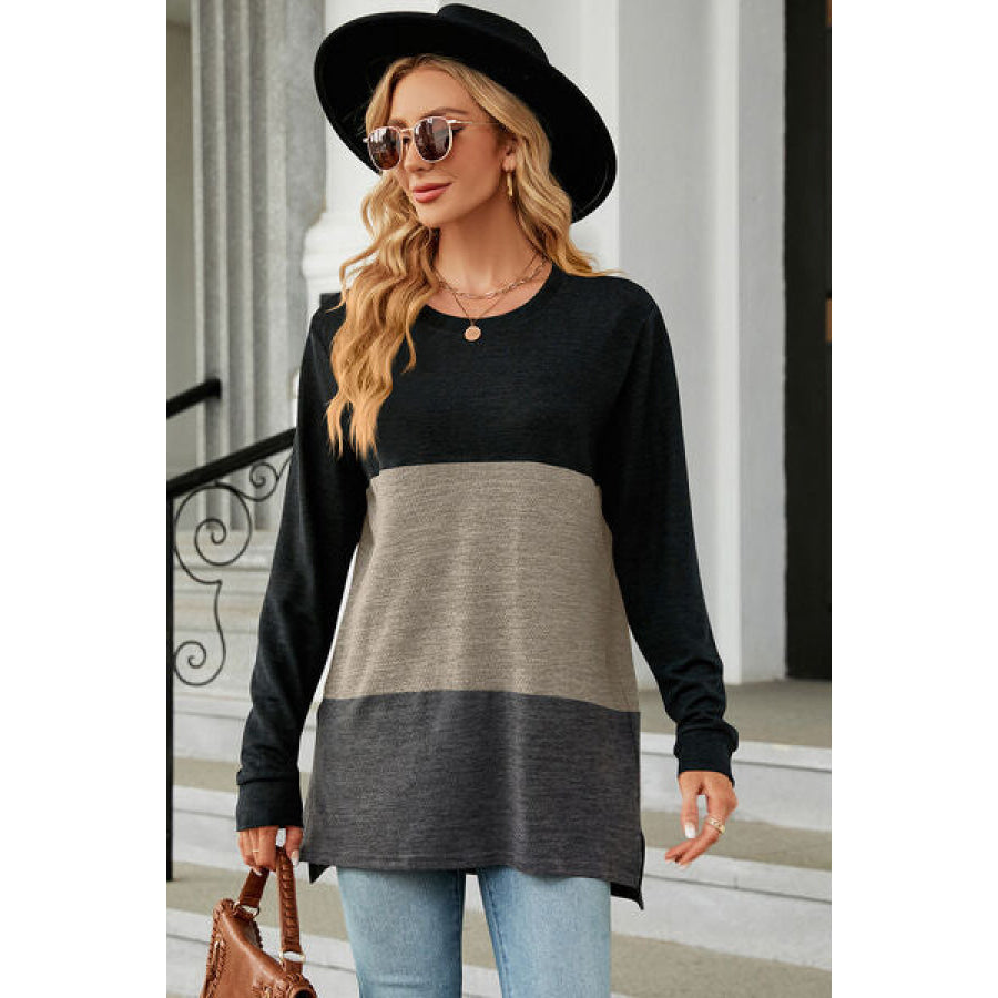 Color Block Round Neck Long Sleeve T - Shirt Black / S Apparel and Accessories