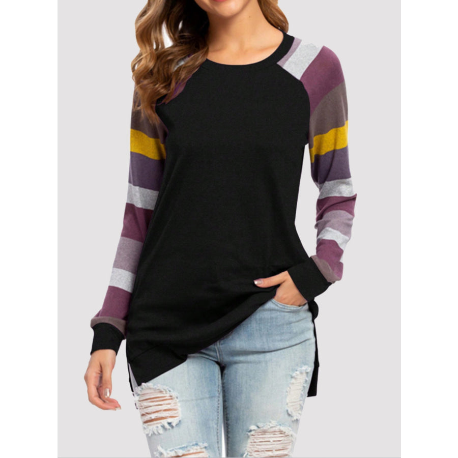 Color Block Round Neck Long Sleeve T-Shirt Black / S Apparel and Accessories