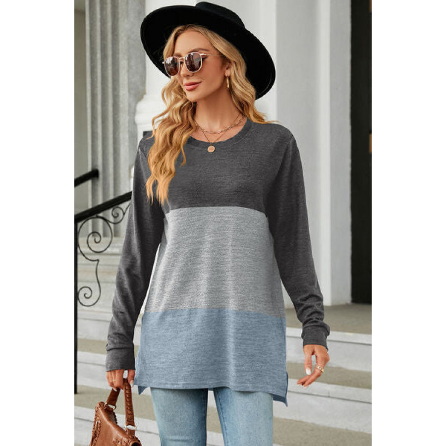 Color Block Round Neck Long Sleeve T - Shirt Cloudy Blue / S Apparel and Accessories