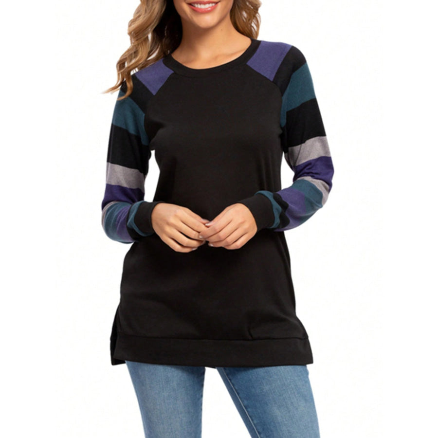 Color Block Round Neck Long Sleeve T-Shirt Deep Teal / S Apparel and Accessories
