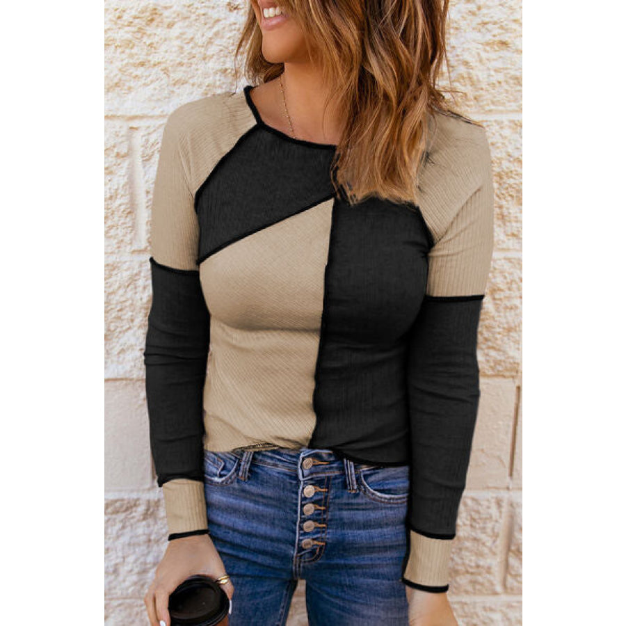 Color Block Round Neck Long Sleeve T - Shirt Khaki / S Apparel and Accessories