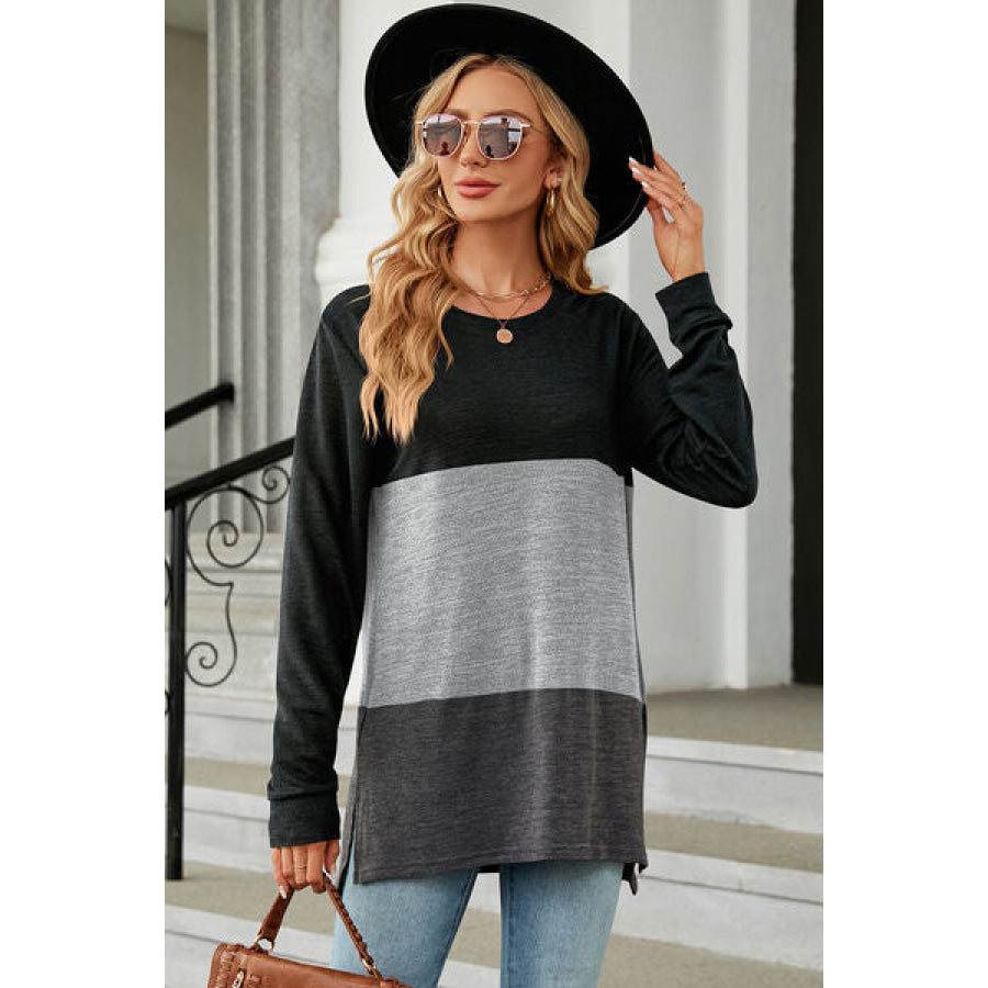 Color Block Round Neck Long Sleeve T - Shirt Light Gray / S Apparel and Accessories
