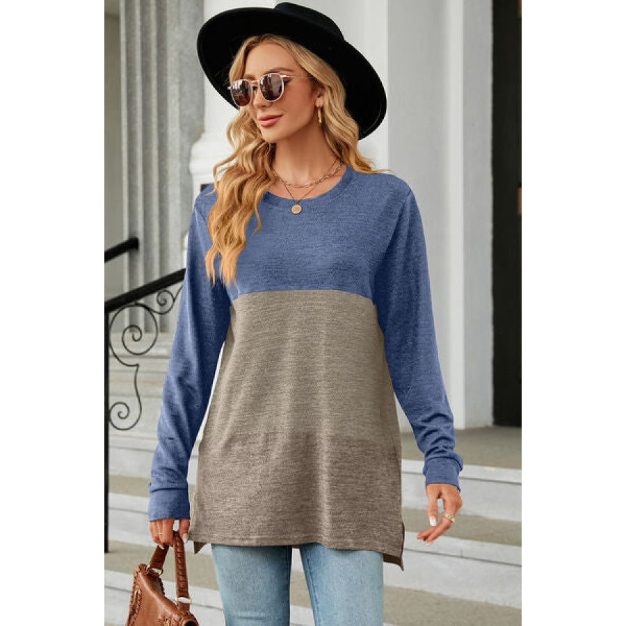 Color Block Round Neck Long Sleeve T - Shirt Misty Blue / S Apparel and Accessories