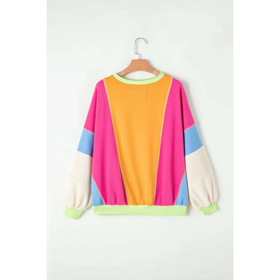 Color Block Round Neck Long Sleeve Top Apparel and Accessories