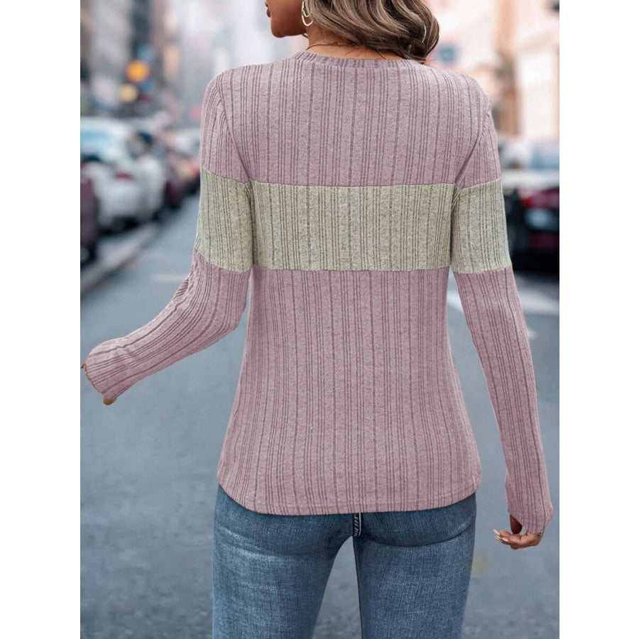 Color Block Round Neck Long Sleeve Top Apparel and Accessories