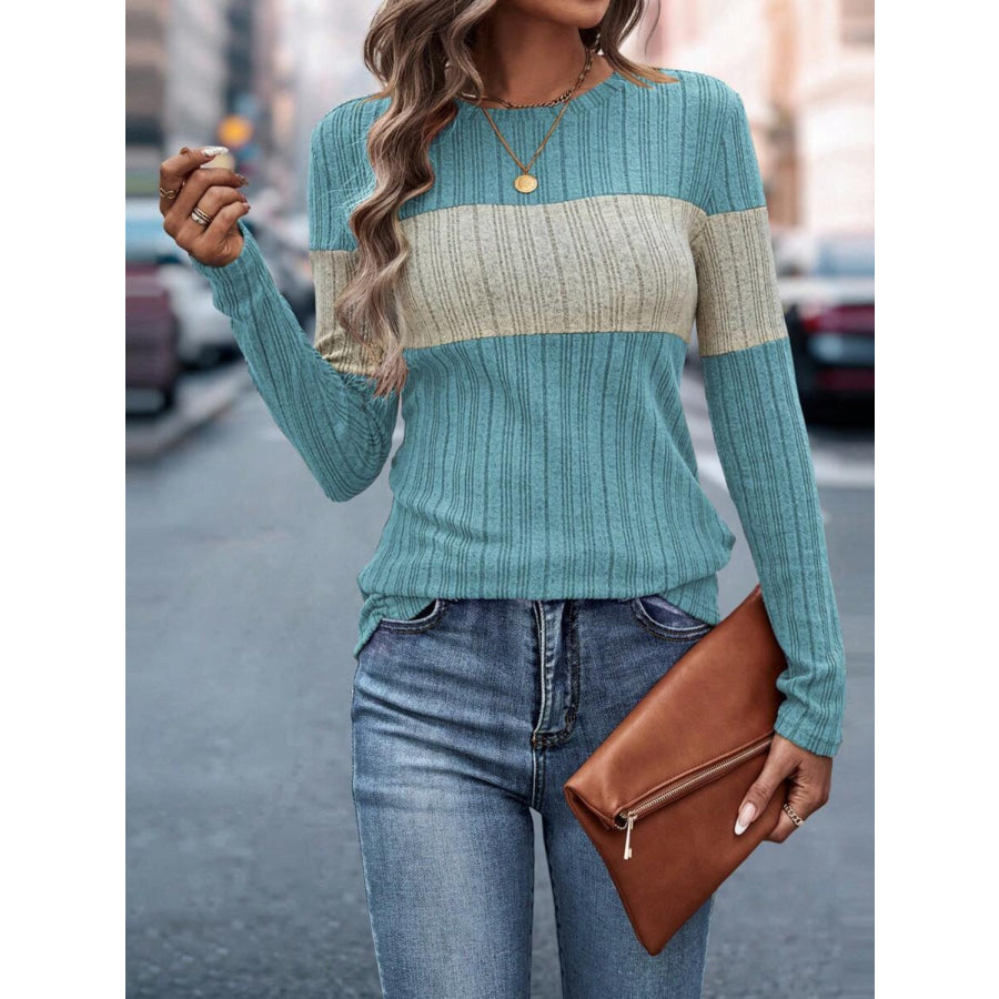 Color Block Round Neck Long Sleeve Top Apparel and Accessories