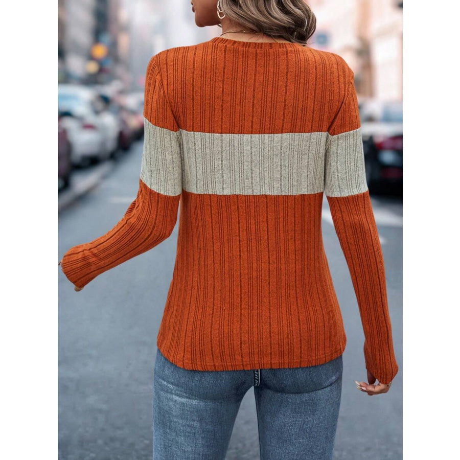 Color Block Round Neck Long Sleeve Top Apparel and Accessories