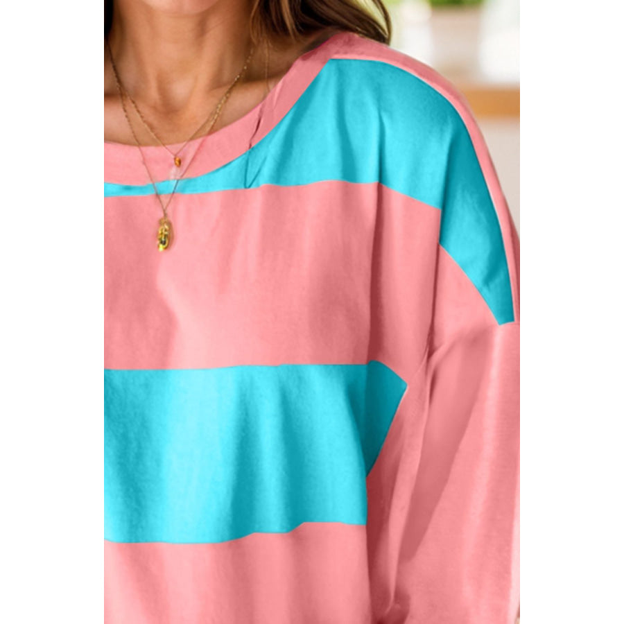 Color Block Round Neck Long Sleeve Top Pink / S Apparel and Accessories
