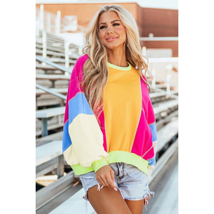 Color Block Round Neck Long Sleeve Top Apparel and Accessories