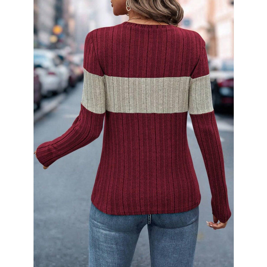 Color Block Round Neck Long Sleeve Top Apparel and Accessories