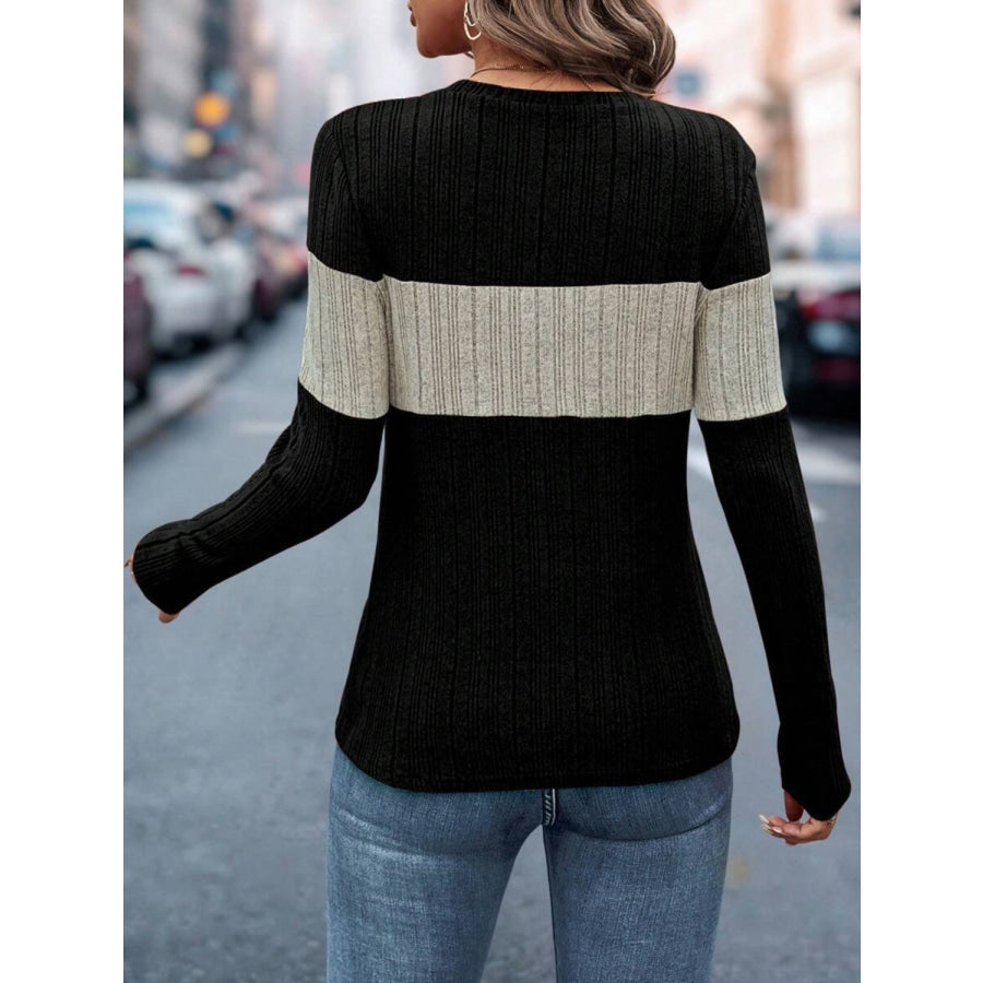 Color Block Round Neck Long Sleeve Top Apparel and Accessories
