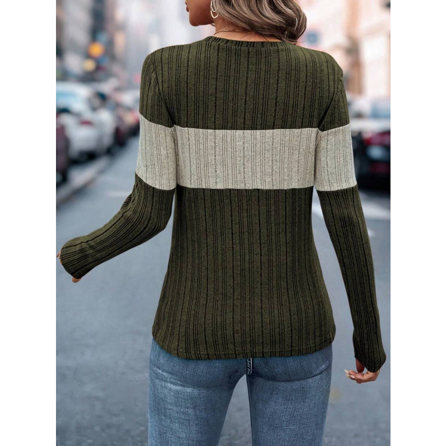 Color Block Round Neck Long Sleeve Top Apparel and Accessories