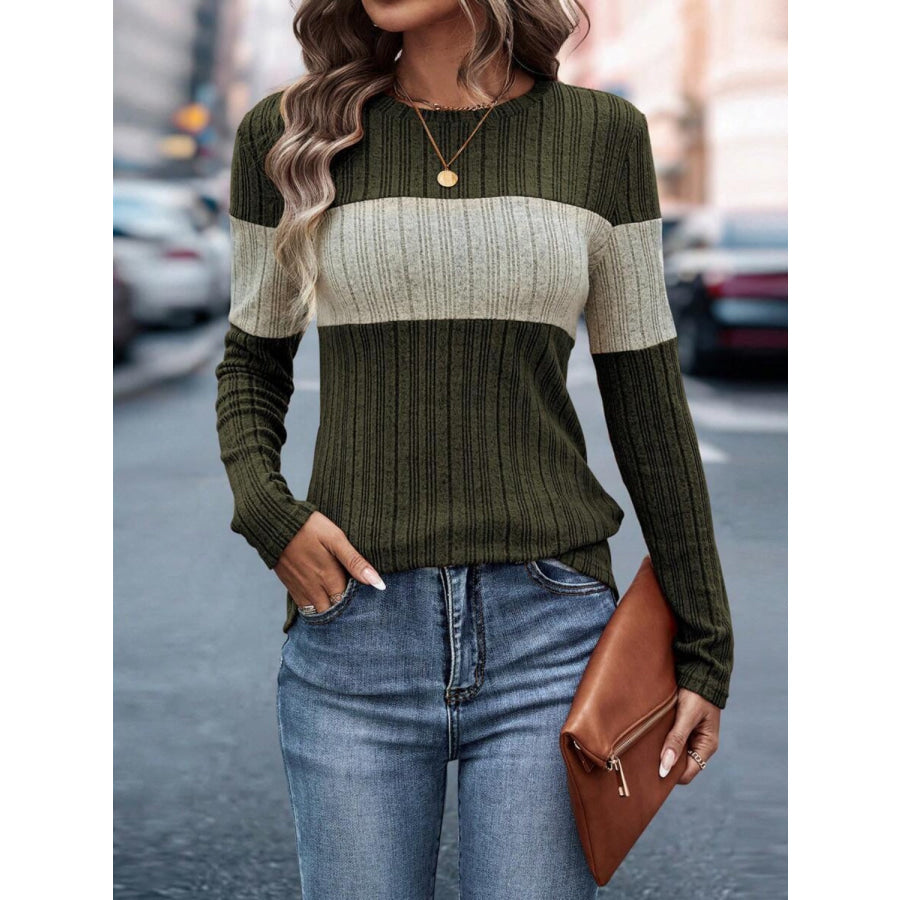 Color Block Round Neck Long Sleeve Top Apparel and Accessories
