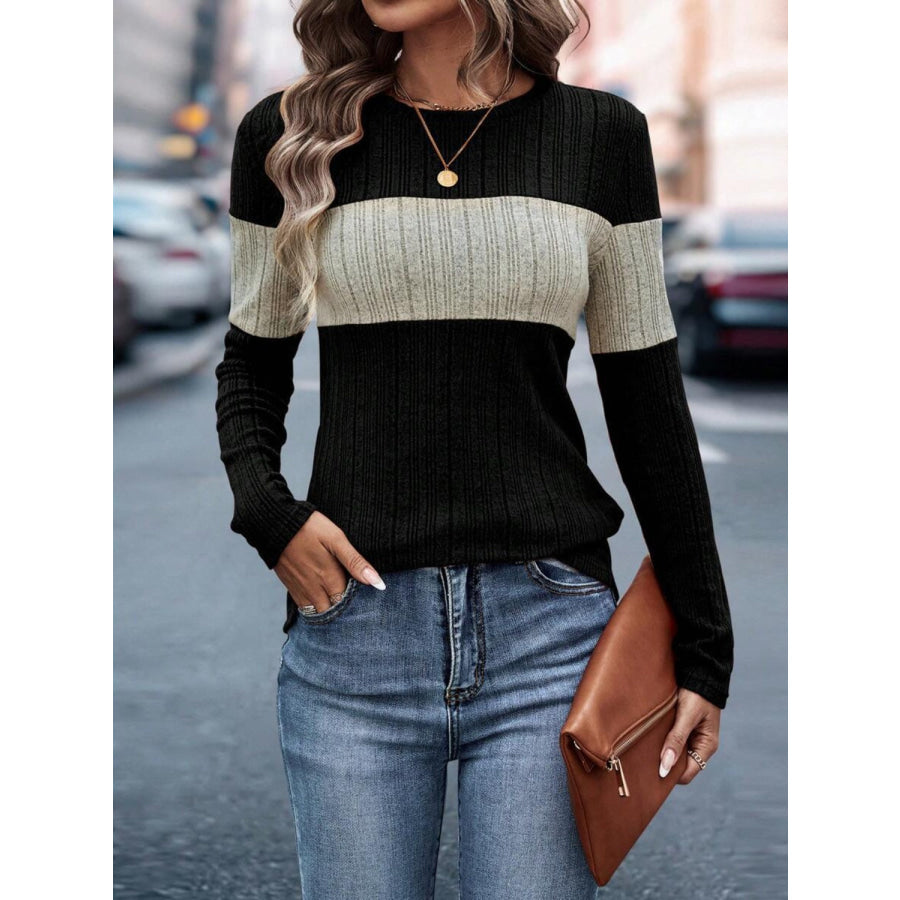 Color Block Round Neck Long Sleeve Top Black / S Apparel and Accessories