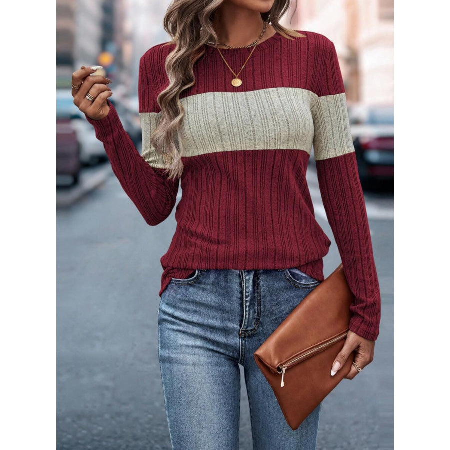 Color Block Round Neck Long Sleeve Top Burgundy / S Apparel and Accessories