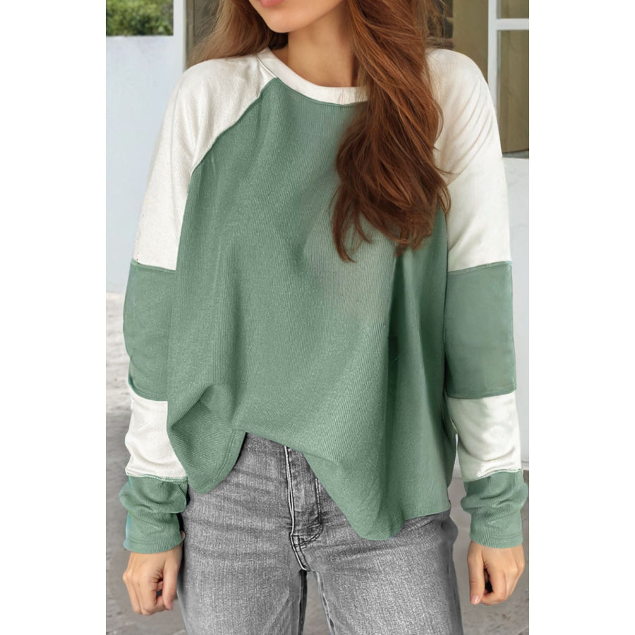 Color Block Round Neck Raglan Sleeve Top Sage / S Apparel and Accessories