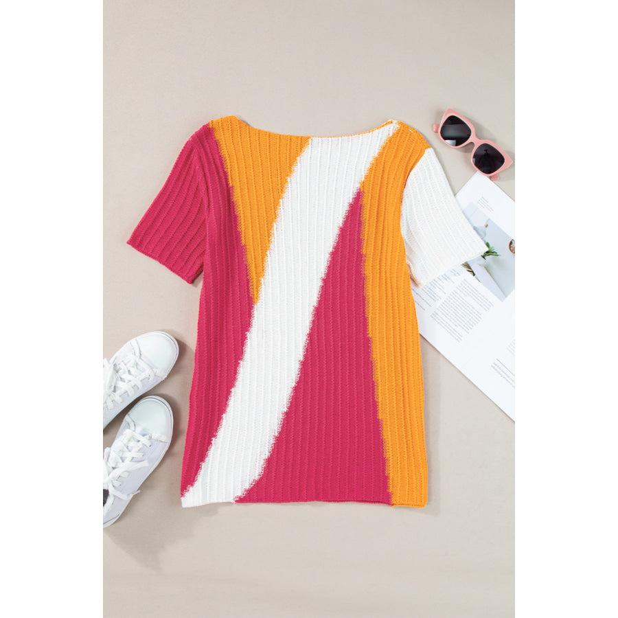 Color Block Round Neck Short Sleeve Knit Top Apparel and Accessories