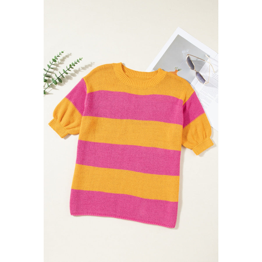 Color Block Round Neck Short Sleeve Knit Top Apparel and Accessories
