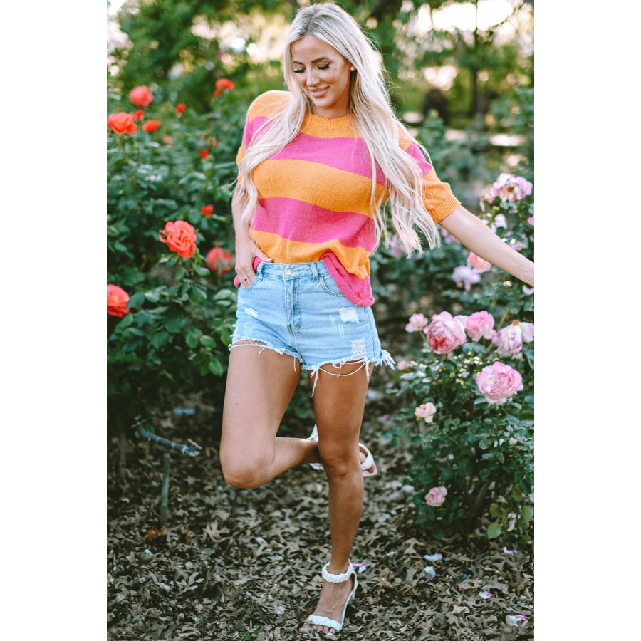 Color Block Round Neck Short Sleeve Knit Top Apparel and Accessories