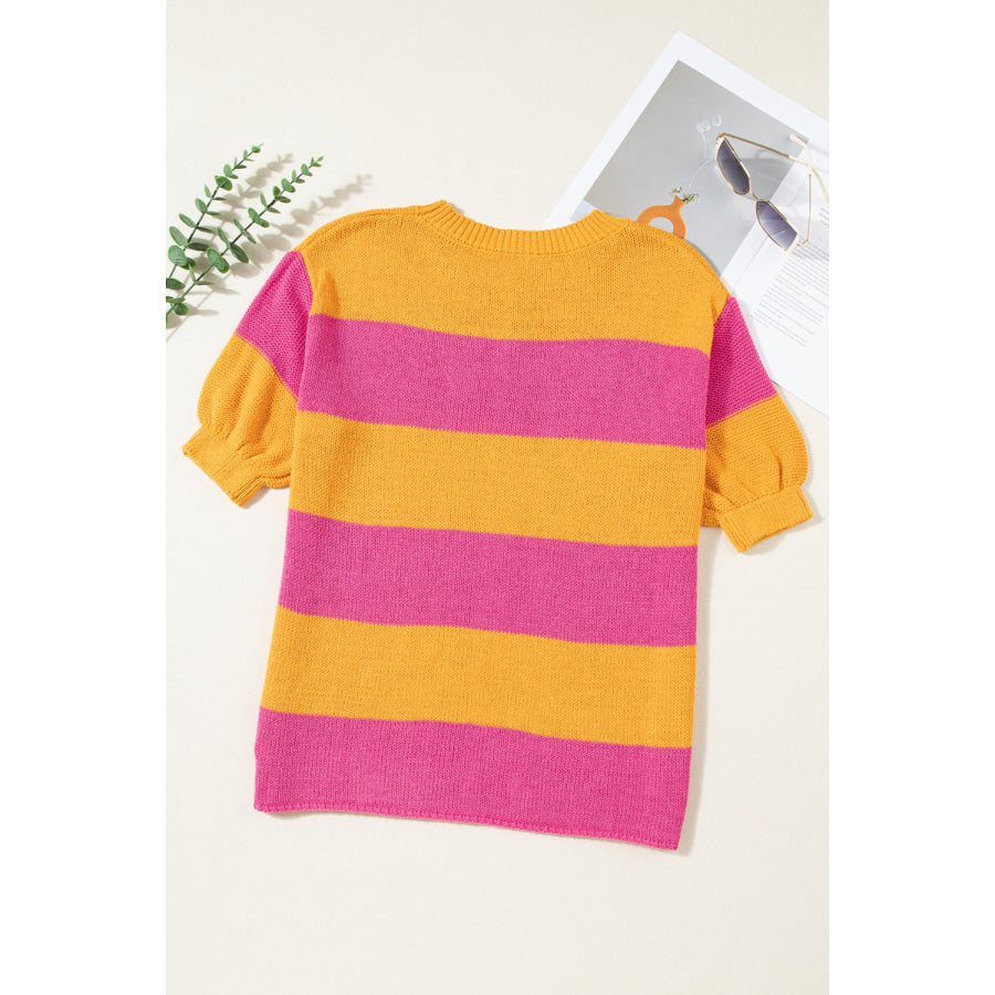 Color Block Round Neck Short Sleeve Knit Top Apparel and Accessories