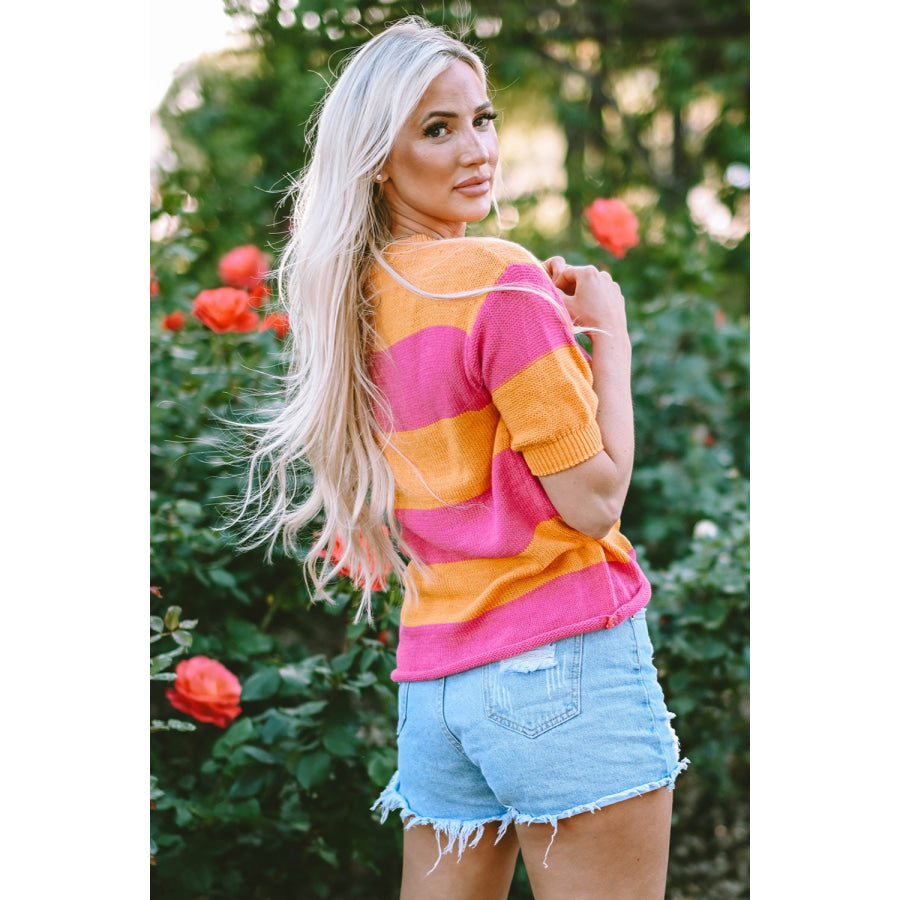 Color Block Round Neck Short Sleeve Knit Top Apparel and Accessories
