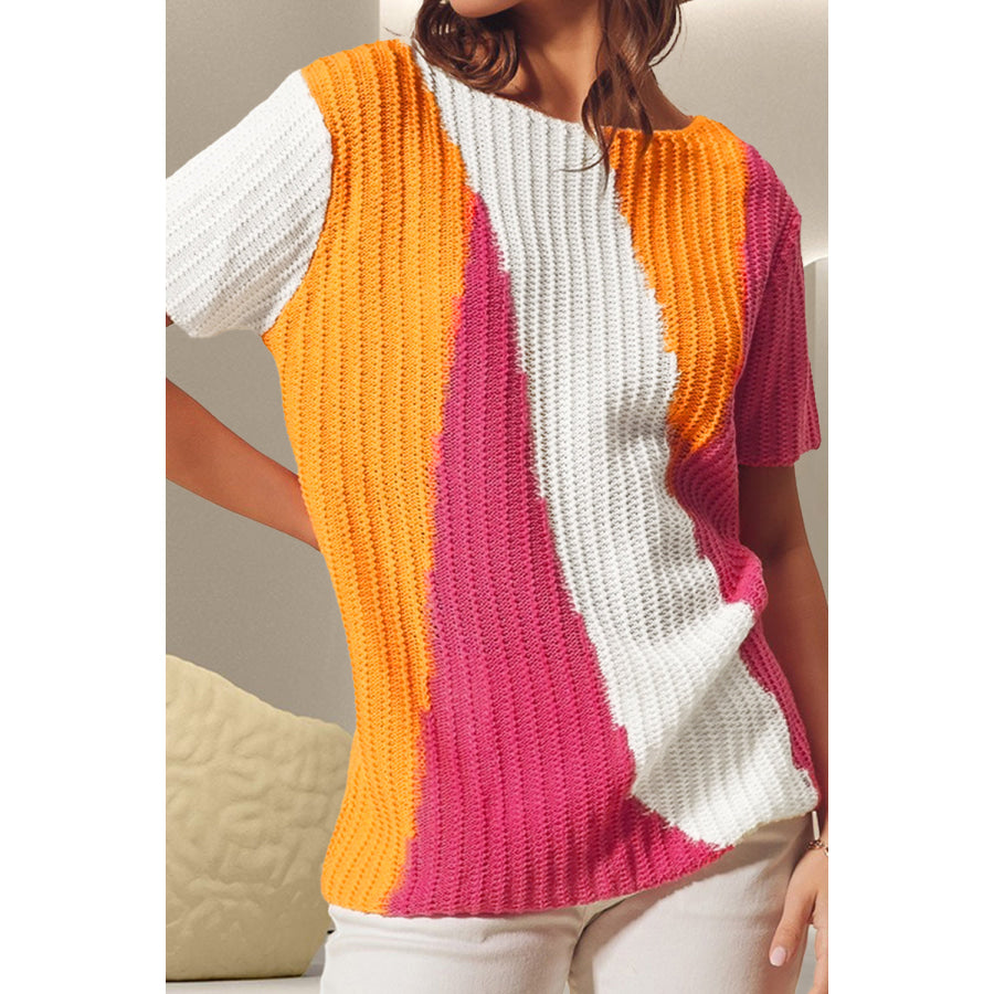 Color Block Round Neck Short Sleeve Knit Top Strawberry / S Apparel and Accessories