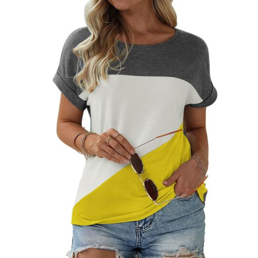 Color Block Round Neck Short Sleeve T - Shirt Apparel and Accessories