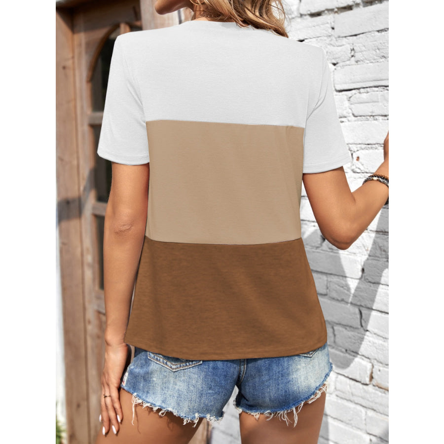 Color Block Round Neck Short Sleeve T-Shirt Apparel and Accessories