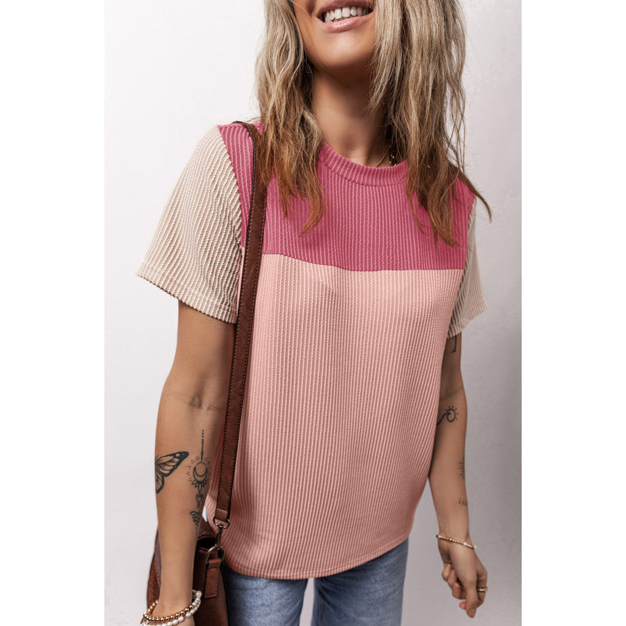 Color Block Round Neck Short Sleeve T - Shirt Apparel and Accessories