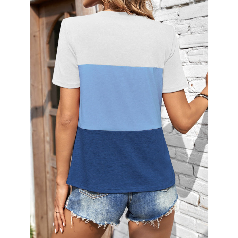 Color Block Round Neck Short Sleeve T-Shirt Apparel and Accessories